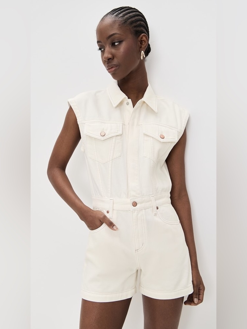 Pistola Lennox Denim Button Romper White Ecru S